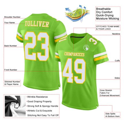Personalized Neon Green White-Yellow Mesh Authentic Football Jersey Team Custom Name and Number