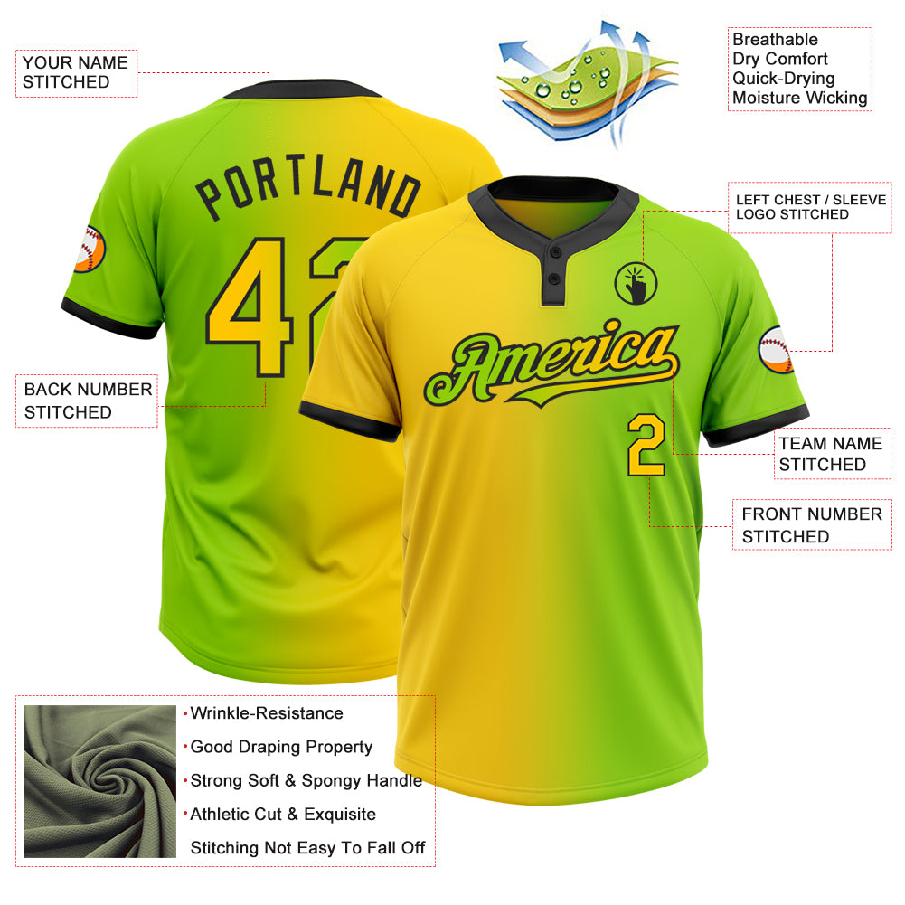 Personalized Neon Green Yellow-Black Gradient Fashion Two-Button Unisex Softball Jersey Team Custom Name and Number Custom Name Number Unisex Softball Jersey in Neon Green Yellow-Black Gradient, Two-Button Fashion Style Personalized Neon - Image 3