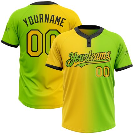 Custom Name Number Unisex Softball Jersey in Neon Green Yellow-Black Gradient, Two-Button Fashion Style Personalized Neon