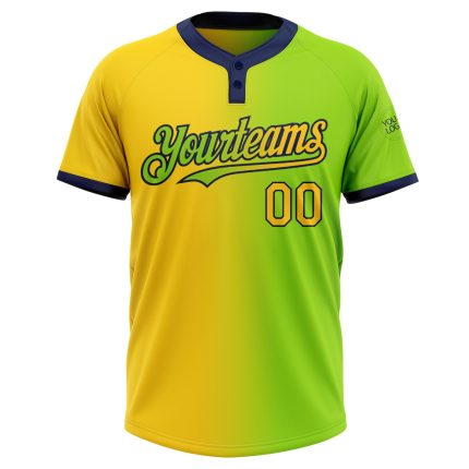 Customizable Neon Green Yellow-Navy Gradient Softball Jersey for Teams - Personalized Name and Number, Unisex, Two-Button Design
