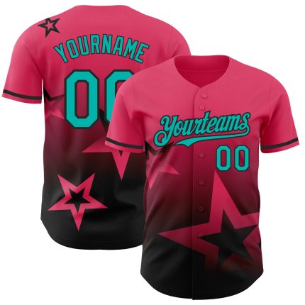 Personalized Neon Pink Aqua-Black 3D Pattern Design Gradient Style Twinkle Star Authentic Baseball Jersey Team Custom Name and Number