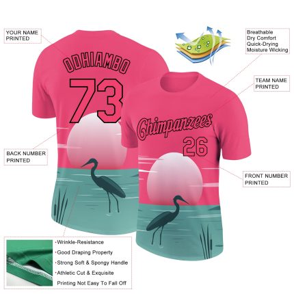 Personalized Neon Pink Black 3D Pattern Design Animal Heron Performance T-Shirt Team Custom Name and Number
