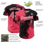 Custom Name and Number Baseball Jersey with Neon Pink 3D Abstract Brush Stroke Design - Personalized Black and White Team Jersey