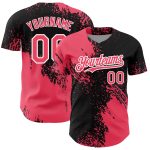 Custom Name and Number Baseball Jersey with Neon Pink 3D Abstract Brush Stroke Design - Personalized Black and White Team Jersey