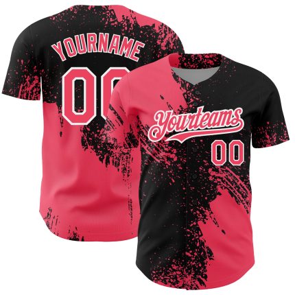 Custom Name and Number Baseball Jersey with Neon Pink 3D Abstract Brush Stroke Design - Personalized Black and White Team Jersey