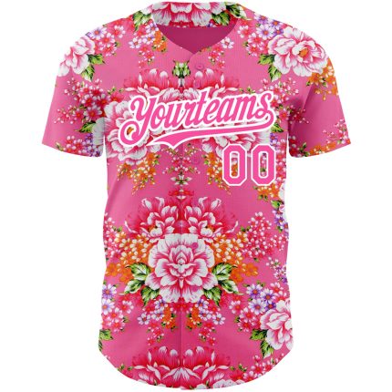 Personalized Northeast China Big Flower Baseball Jersey with Custom Name & Number, Neon Pink-White 3D Pattern Design Personalized