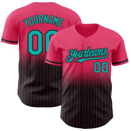 Personalized Neon Pink Pinstripe Aqua-Black Authentic Fade Fashion Baseball Jersey Team Custom Name and Number