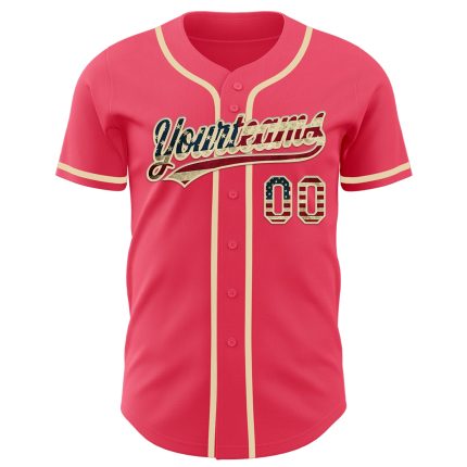 Personalized Neon Pink Vintage USA Flag-Cream Authentic Baseball Jersey Team Custom Name and Number
