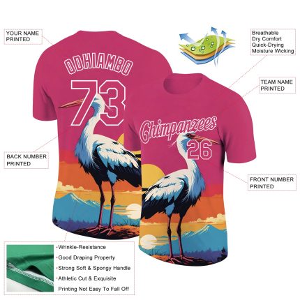 Custom Team T-Shirt with Personalized Name & Number, Neon Pink 3D Animal Crane Design Personalized Neon Pink White 3D Pattern