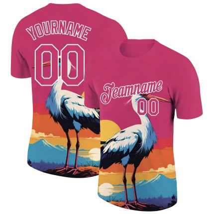 Custom Team T-Shirt with Personalized Name & Number, Neon Pink 3D Animal Crane Design Personalized Neon Pink White 3D Pattern