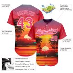 Custom Name and Number Hawaii Palm Trees Beach Sunrise 3D Pattern Neon Pink Baseball Jersey Personalized Neon Pink White