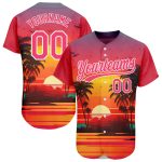 Custom Name and Number Hawaii Palm Trees Beach Sunrise 3D Pattern Neon Pink Baseball Jersey Personalized Neon Pink White