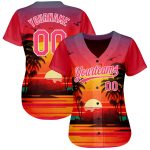 Custom Name and Number Hawaii Palm Trees Beach Sunrise 3D Pattern Neon Pink Baseball Jersey Personalized Neon Pink White