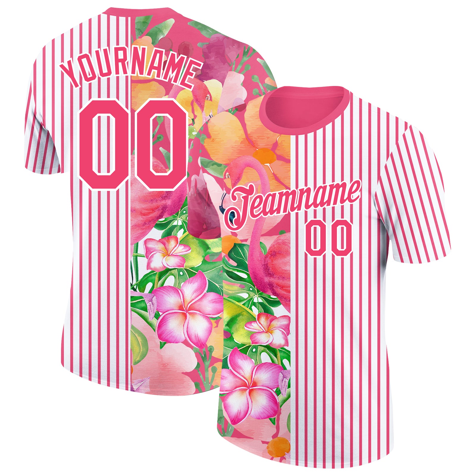 Personalized Neon Pink White 3D Tropical Hawaii Palm Leaves And Flower Performance T-Shirt Team Custom Name and Number