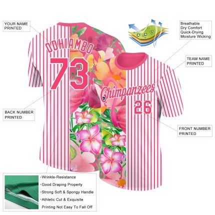 Personalized Neon Pink White 3D Tropical Hawaii Palm Leaves And Flower Performance T-Shirt Team Custom Name and Number