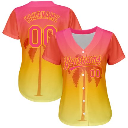 Personalized Neon Pink Yellow 3D Pattern Design Hawaii Palm Trees Authentic Baseball Jersey Team Custom Name and Number