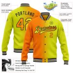 Personalized Neon Yellow Bay Orange-Black Bomber Full-Snap Varsity Letterman Gradient Fashion Jacket Team Custom Name and Number