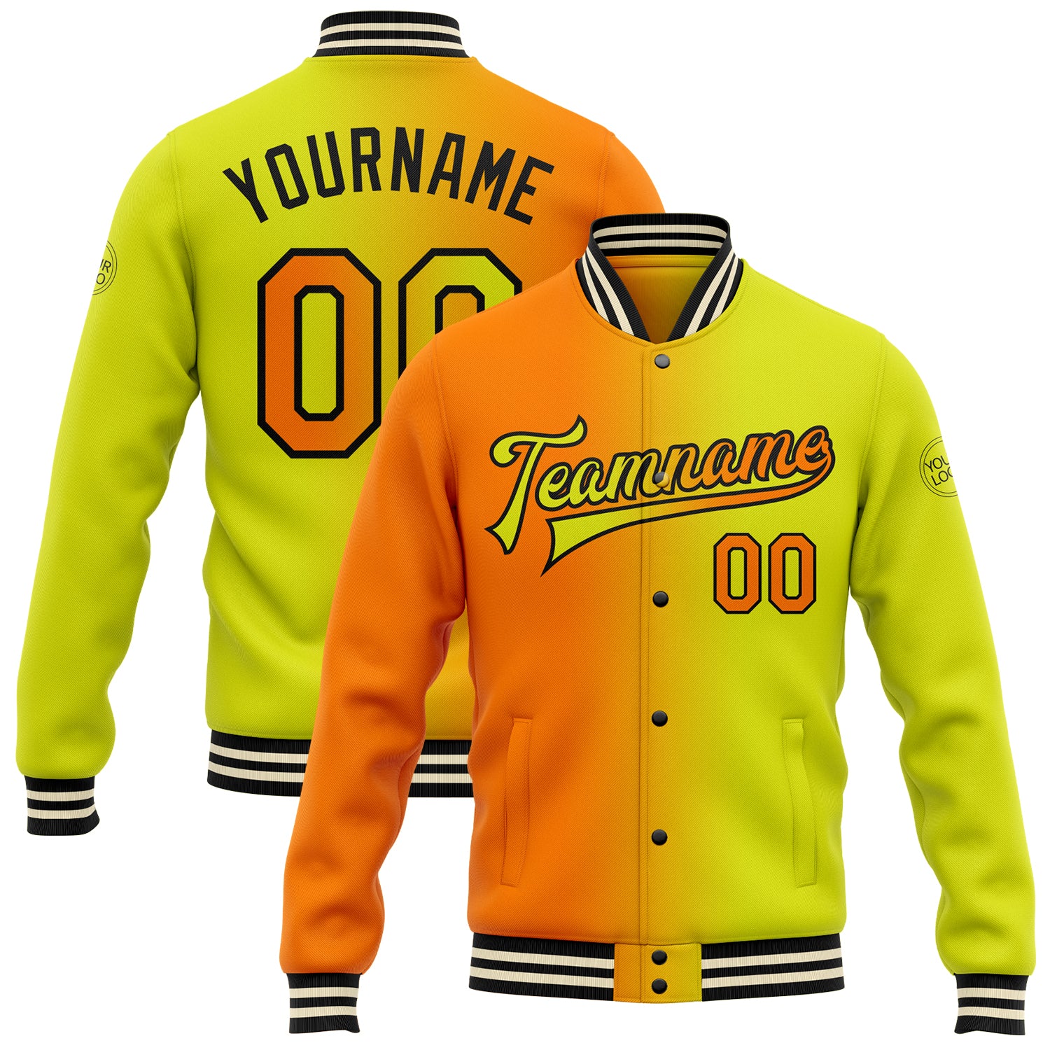 Personalized Neon Yellow Bay Orange-Black Bomber Full-Snap Varsity Letterman Gradient Fashion Jacket Team Custom Name and Number