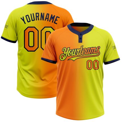 Personalized Neon Yellow Bay Orange-Navy Gradient Fashion Two-Button Unisex Softball Jersey Team Custom Name and Number
