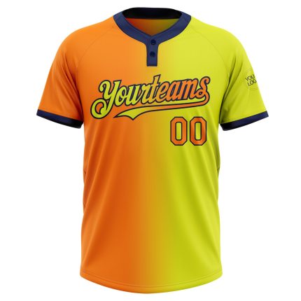 Personalized Neon Yellow Bay Orange-Navy Gradient Fashion Two-Button Unisex Softball Jersey Team Custom Name and Number