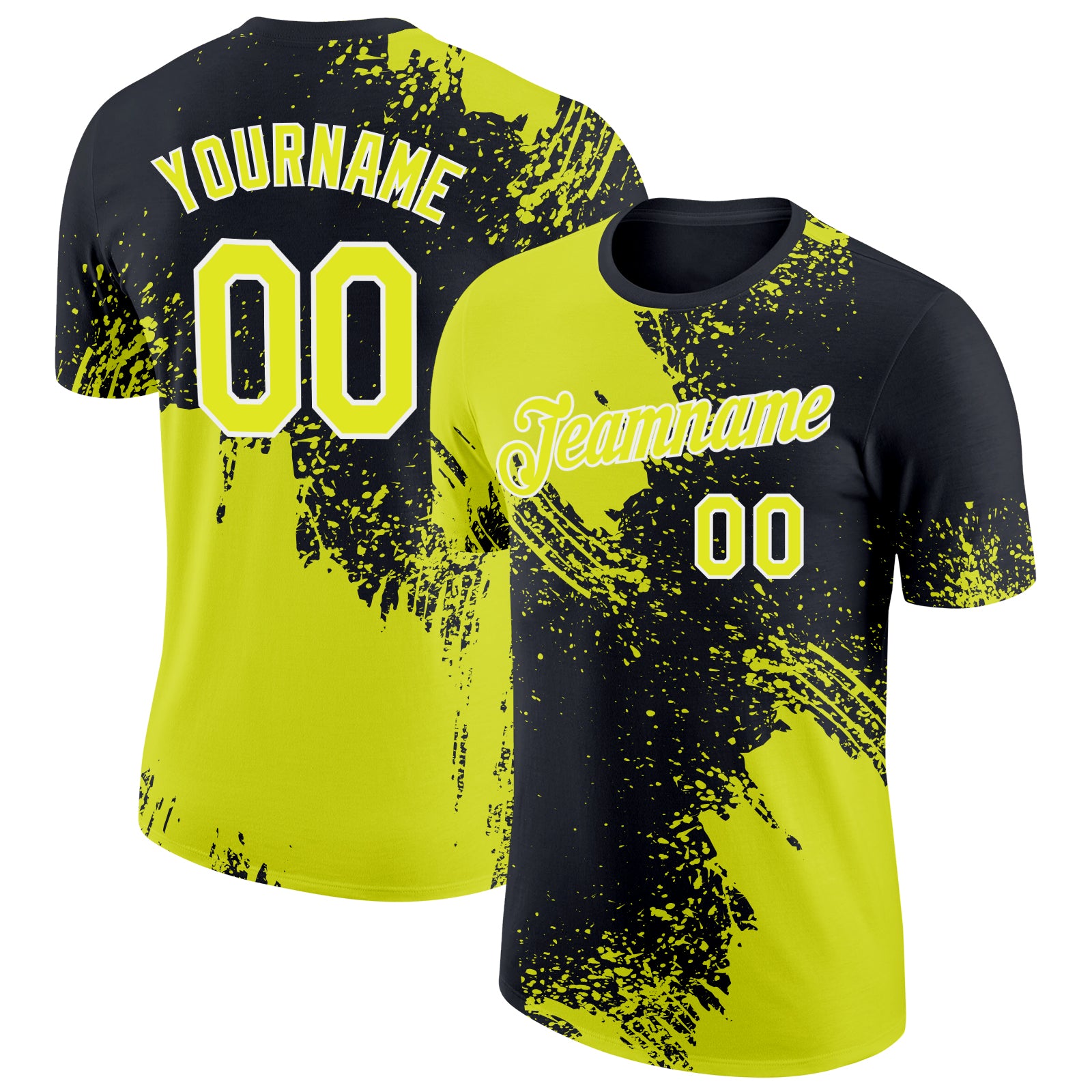 Personalized Neon Yellow Black-White 3D Pattern Design Abstract Brush Stroke Performance T-Shirt Team Custom Name and Number