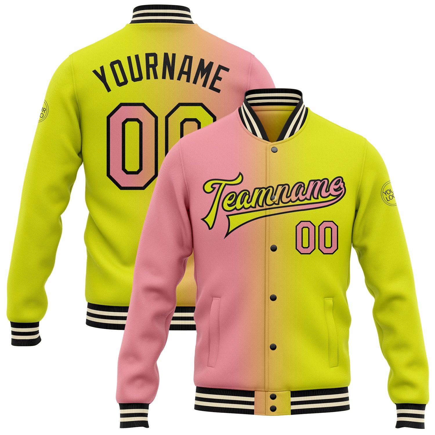 Personalized Neon Yellow Medium Pink-Black Bomber Full-Snap Varsity Letterman Gradient Fashion Jacket Team Custom Name and Number