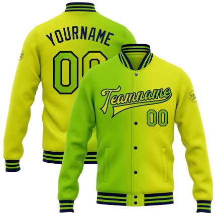 Personalized Neon Yellow Neon Green-Navy Bomber Full-Snap Varsity Letterman Gradient Fashion Jacket Team Custom Name and Number
