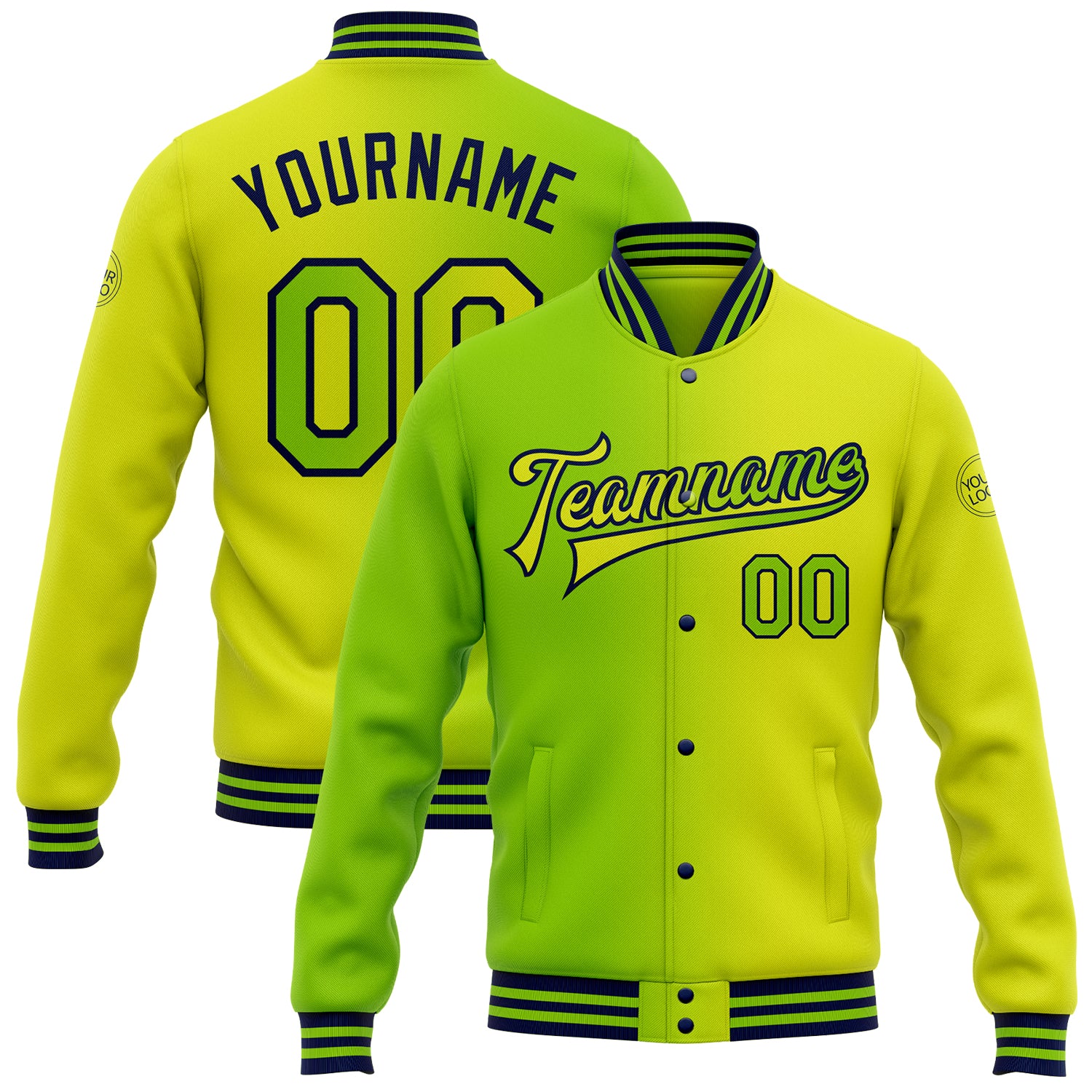 Personalized Neon Yellow Neon Green-Navy Bomber Full-Snap Varsity Letterman Gradient Fashion Jacket Team Custom Name and Number
