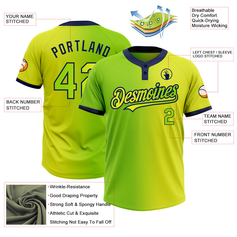 Personalized Neon Yellow Neon Green-Navy Gradient Fashion Two-Button Unisex Softball Jersey Team Custom Name and Number Custom Softball Jersey Unisex Neon Yellow Green Navy Gradient, Two-Button Design with Personalized Name and Number Personalized - Image 3