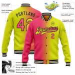 Custom Name and Number Gradient Bomber Jacket in Neon Yellow and Pink-Black, Full-Snap Varsity Style Fashion Jacket Personalized