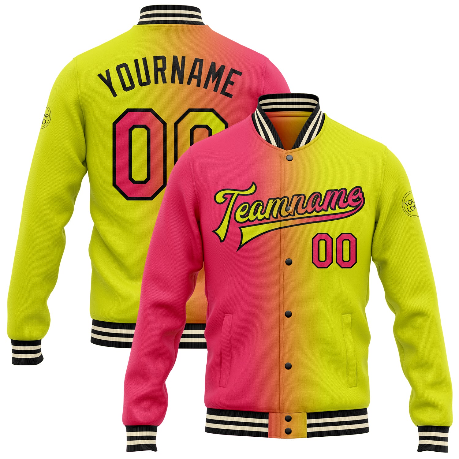 Custom Name and Number Gradient Bomber Jacket in Neon Yellow and Pink-Black, Full-Snap Varsity Style Fashion Jacket Personalized