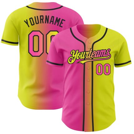 Personalized Neon Yellow Pink-Black Authentic Gradient Fashion Baseball Jersey Team Custom Name and Number