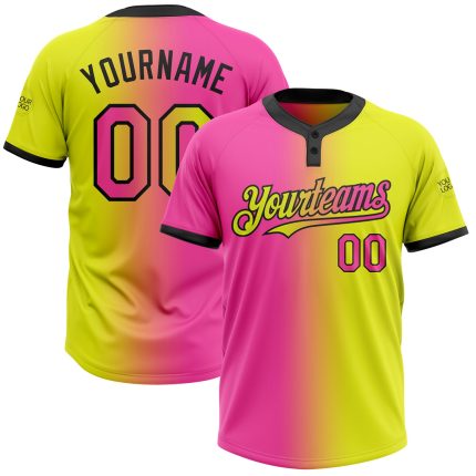 Personalized Neon Yellow Pink-Black Gradient Fashion Two-Button Unisex Softball Jersey Team Custom Name and Number