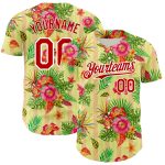 Personalized Neon Yellow Red-White 3D Pattern Design Tropical Flower And Hawaii Palm Leaves Authentic Baseball Jersey Team Custom Name and Number