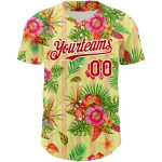 Personalized Neon Yellow Red-White 3D Pattern Design Tropical Flower And Hawaii Palm Leaves Authentic Baseball Jersey Team Custom Name and Number