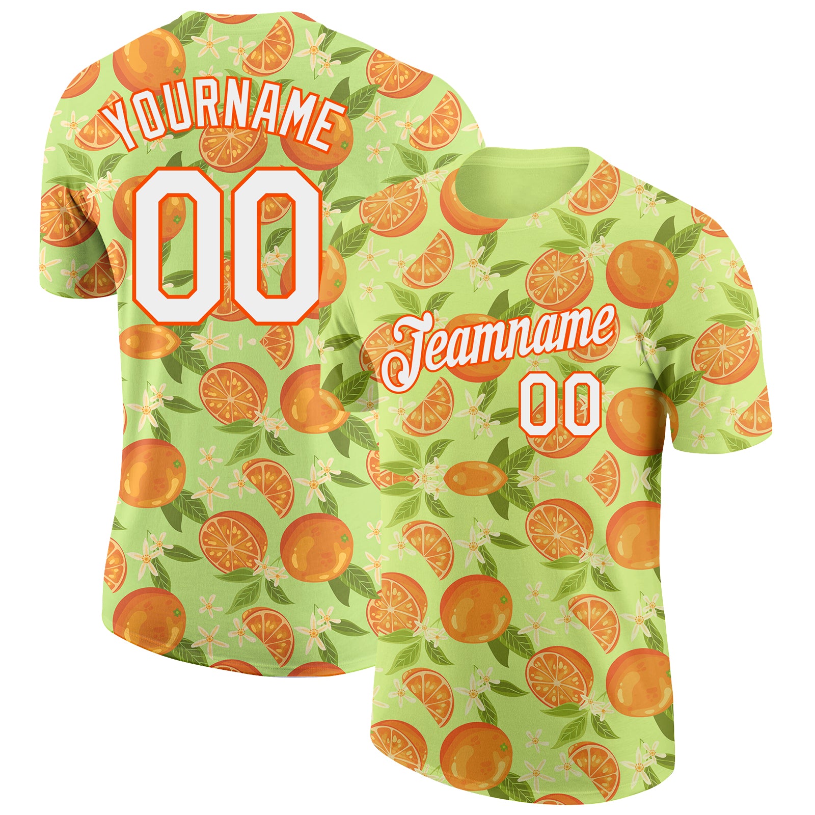 Personalized Neon Yellow White-Orange 3D Pattern Design Orange Citrus Fruit Performance T-Shirt Team Custom Name and Number