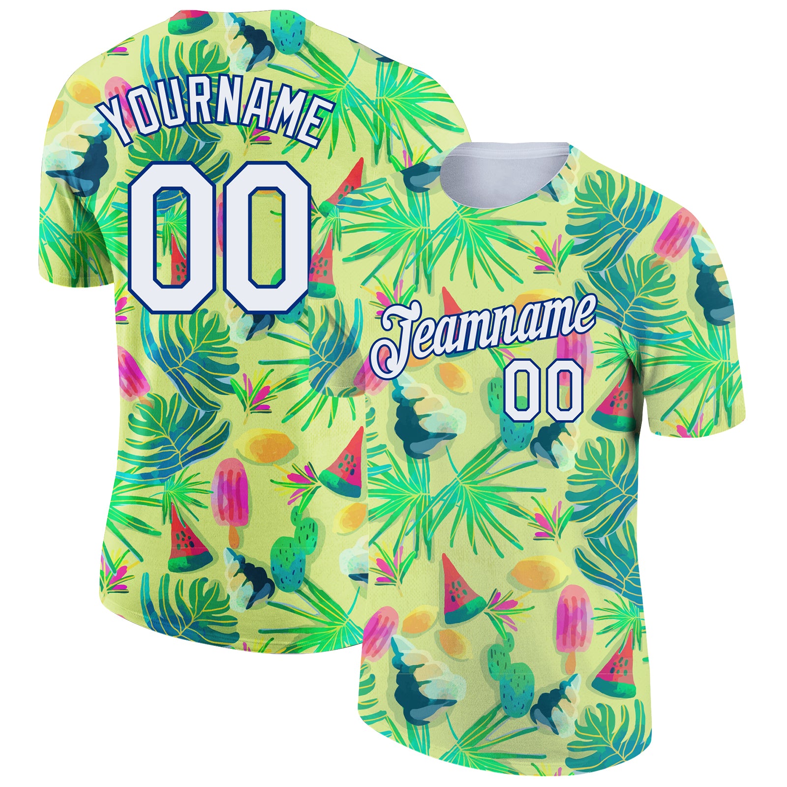Custom Team Name and Number Hawaii Summer Fruit Neon Yellow White-Royal 3D Pattern Performance T-Shirt Personalized Neon