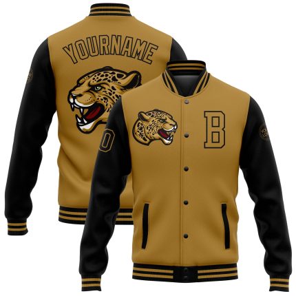 Personalized Old Gold Black 3D Pattern Design Bomber Full-Snap Varsity Letterman Jacket Team Custom Name and Number
