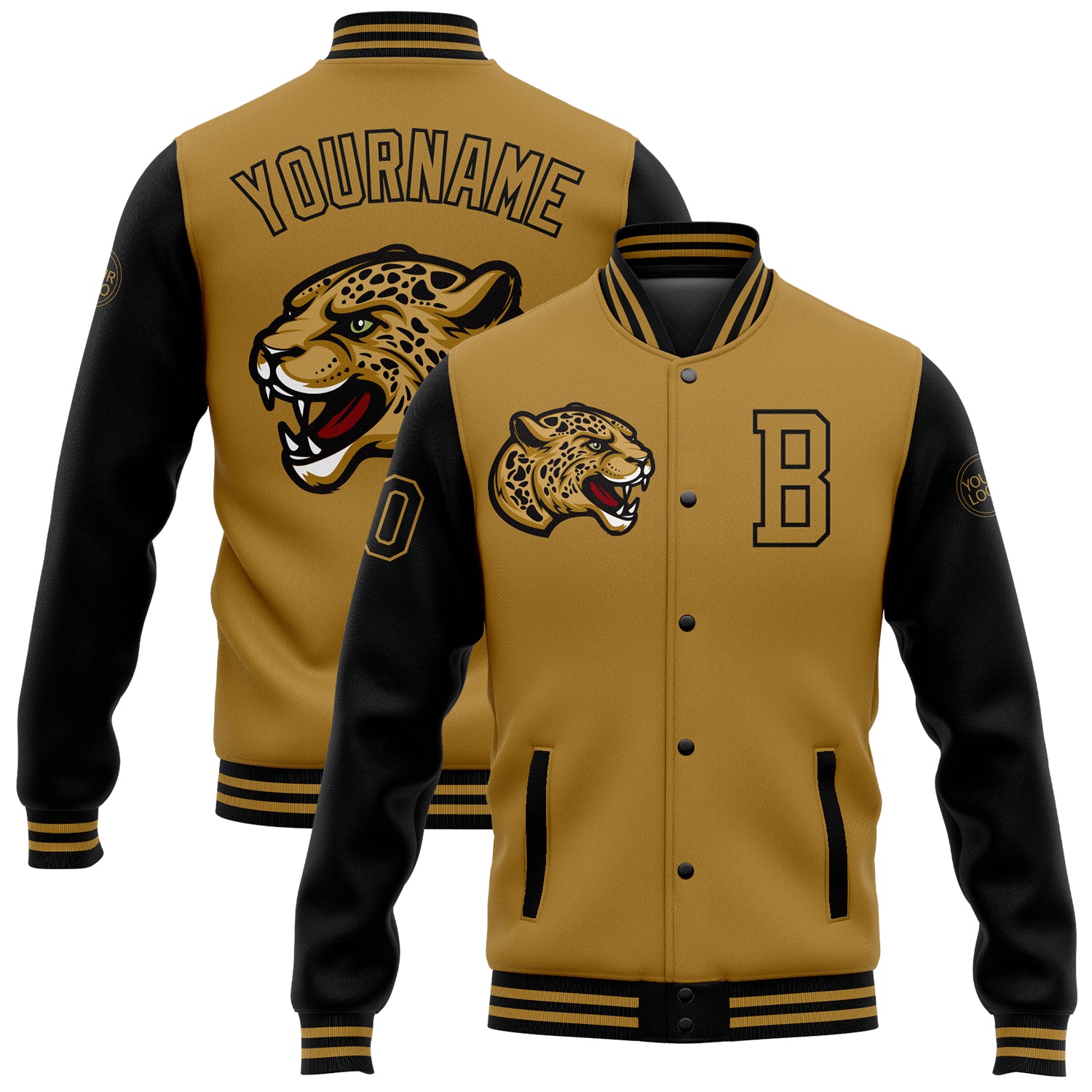 Personalized Old Gold Black 3D Pattern Design Bomber Full-Snap Varsity Letterman Jacket Team Custom Name and Number