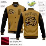 Personalized Old Gold Black 3D Pattern Design Bomber Full-Snap Varsity Letterman Jacket Team Custom Name and Number