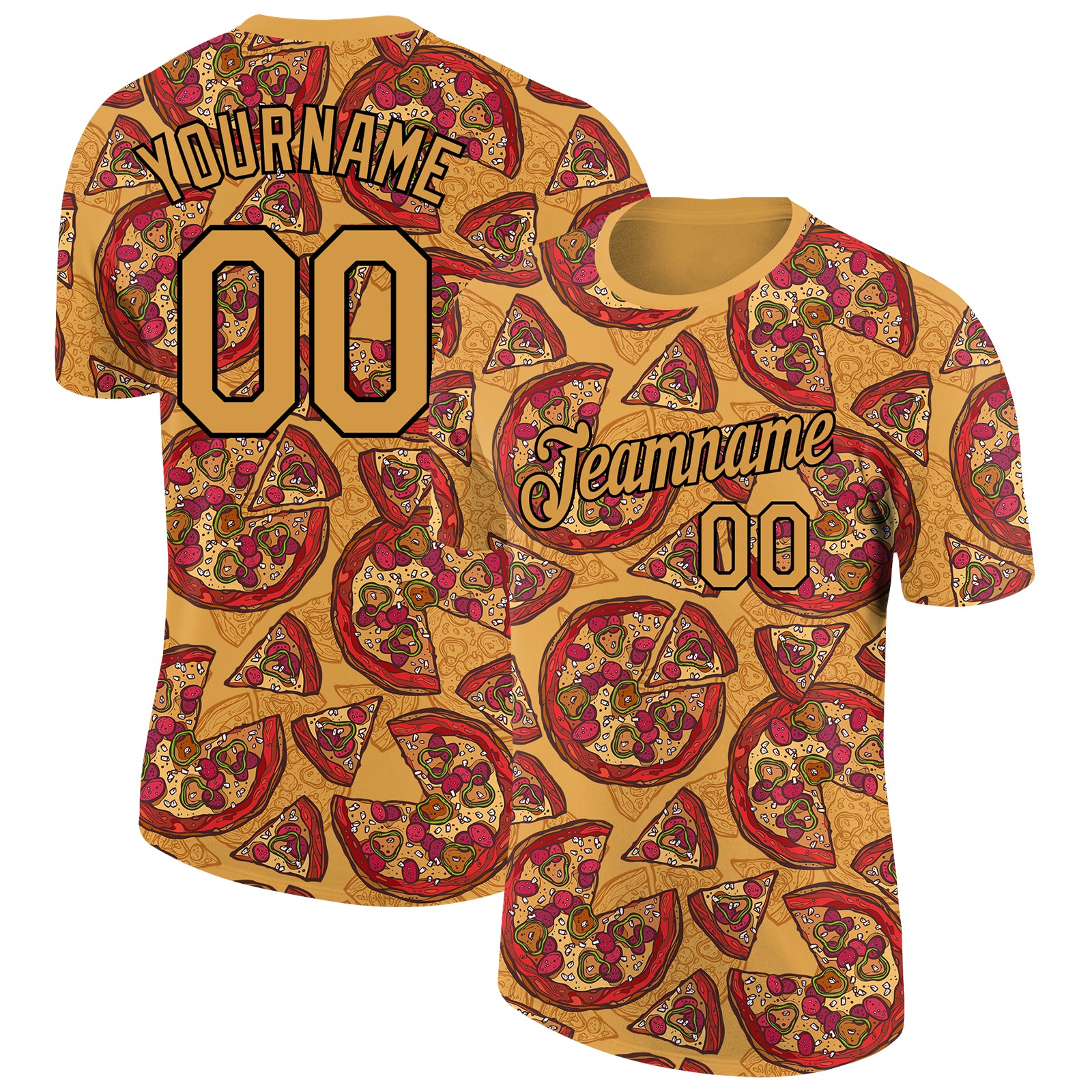 Personalized Old Gold Black 3D Pattern Design Food Pizza Performance T-Shirt