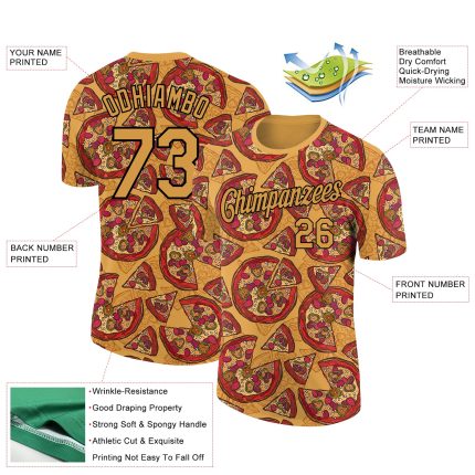 Personalized Old Gold Black 3D Pattern Design Food Pizza Performance T-Shirt