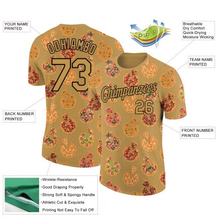 Personalized Old Gold Black 3D Pattern Design Food Pizza Performance T-Shirt Team Custom Name and Number