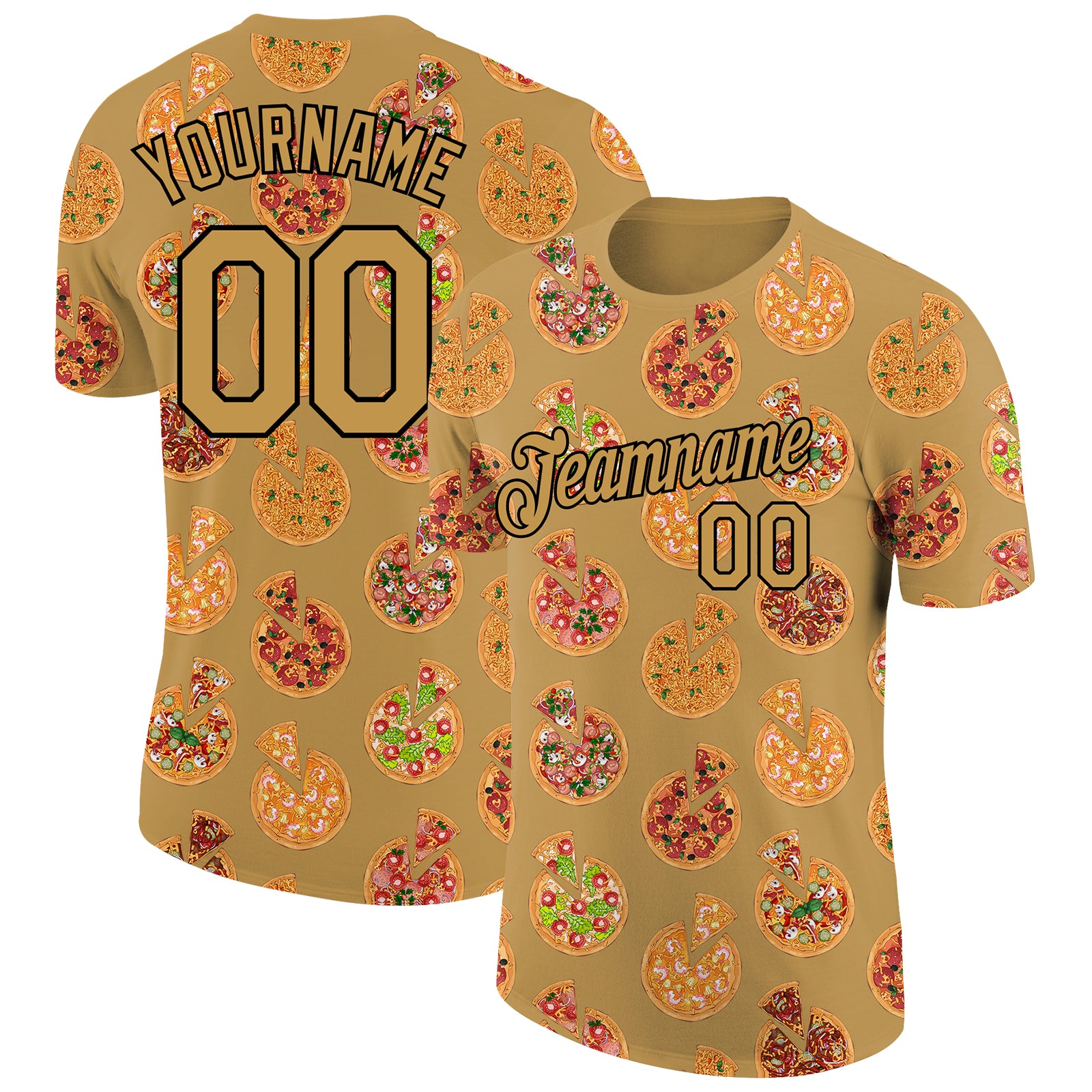 Personalized Old Gold Black 3D Pattern Design Food Pizza Performance T-Shirt Team Custom Name and Number