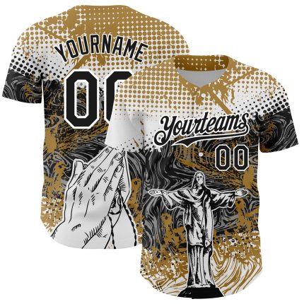 Personalized Old Gold Black 3D Pattern Design Religion Jesus Christ Authentic Baseball Jersey Team Custom Name and Number