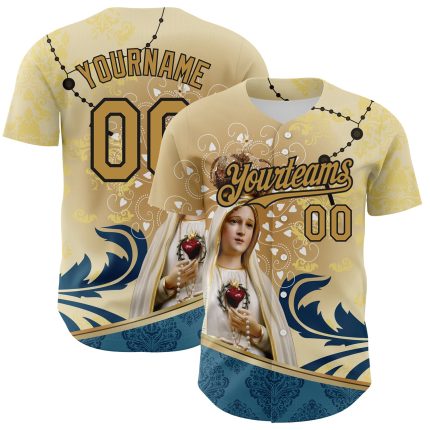 Personalized Old Gold Black 3D Pattern Design Religion Virgin Mary Authentic Baseball Jersey Team Custom Name and Number