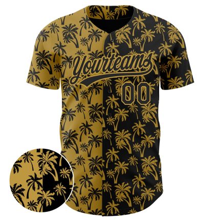 Personalized Old Gold Black 3D Pattern Design Tropical Hawaii Palm Trees Authentic Baseball Jersey Team Custom Name and Number