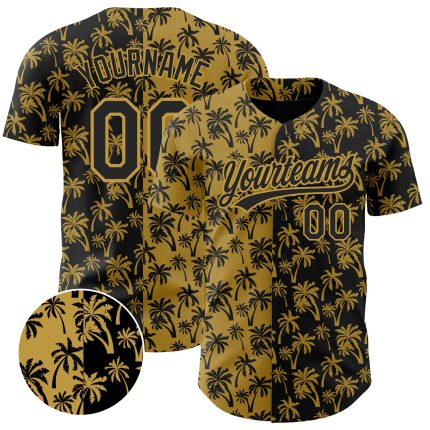 Personalized Old Gold Black 3D Pattern Design Tropical Hawaii Palm Trees Authentic Baseball Jersey Team Custom Name and Number