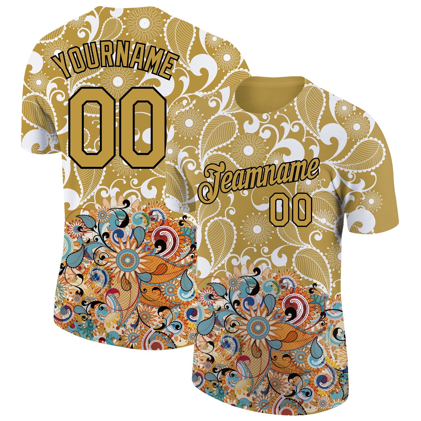 Personalized Old Gold Black 3D Pattern Floral Design Performance T-Shirt