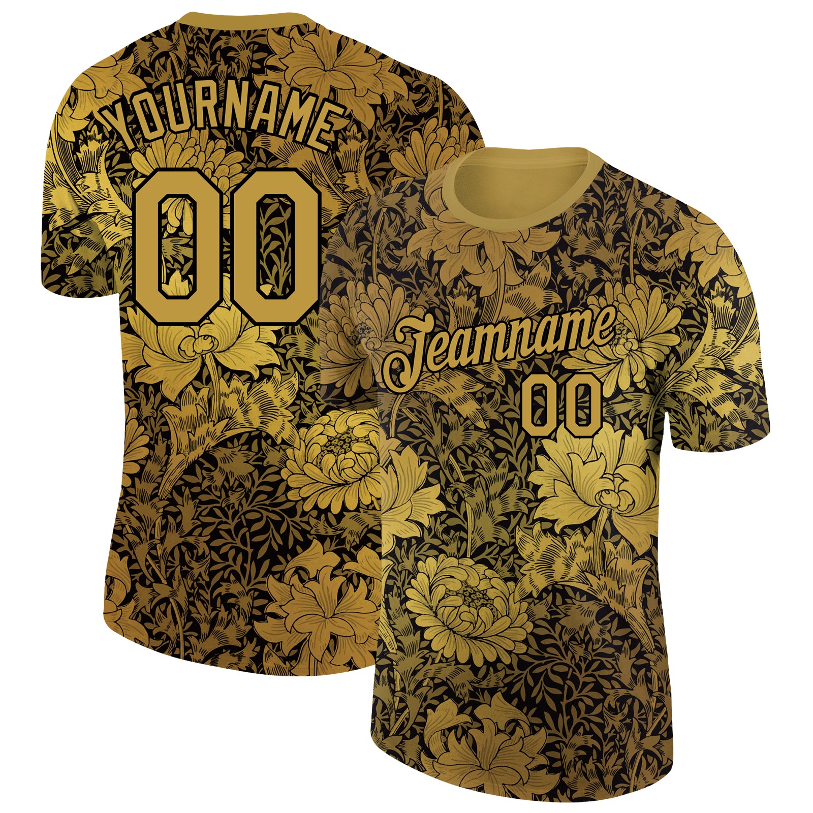 Personalized Old Gold Black 3D Pattern Floral Design Performance T-Shirt Team Custom Name and Number